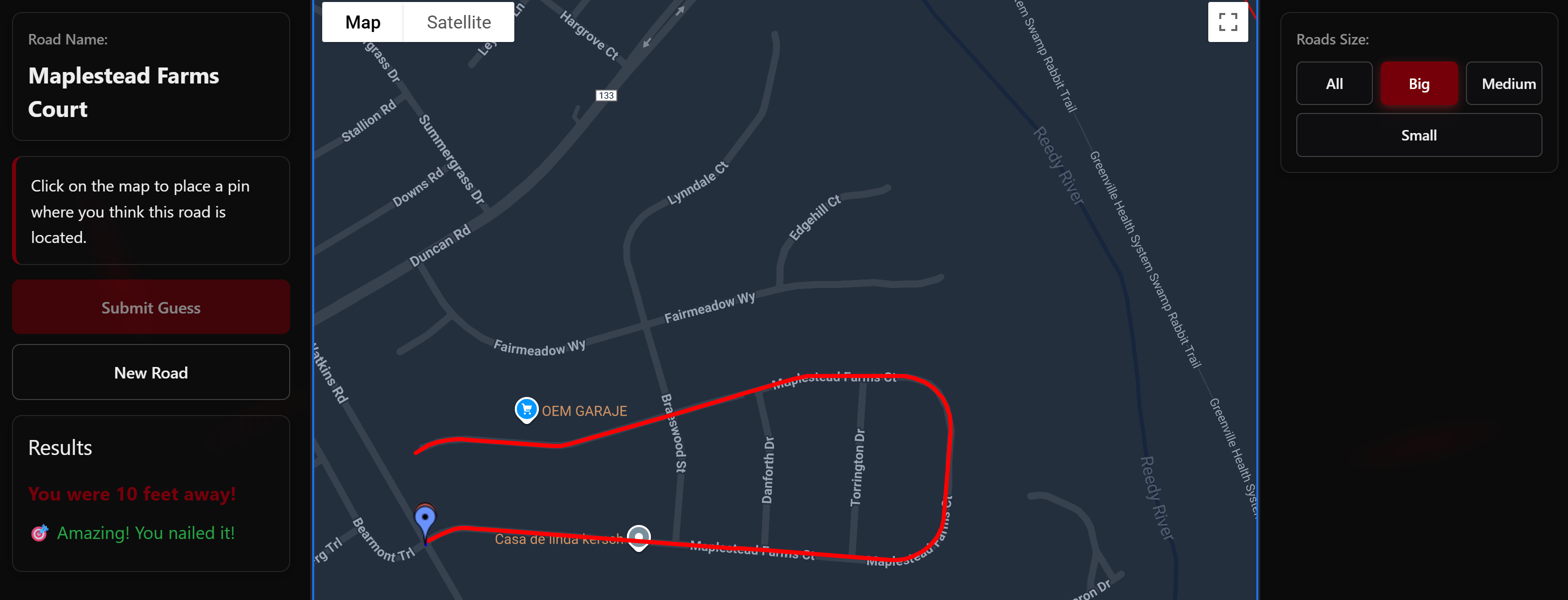 Screenshot of interactive map quiz showing labeled streets and learning progress